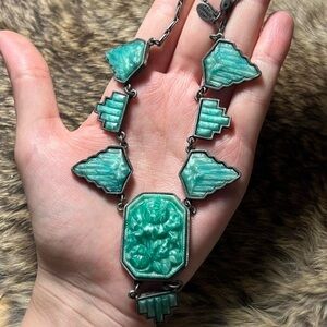 Sweet Romance art deco faux carved/jade peking glass necklace